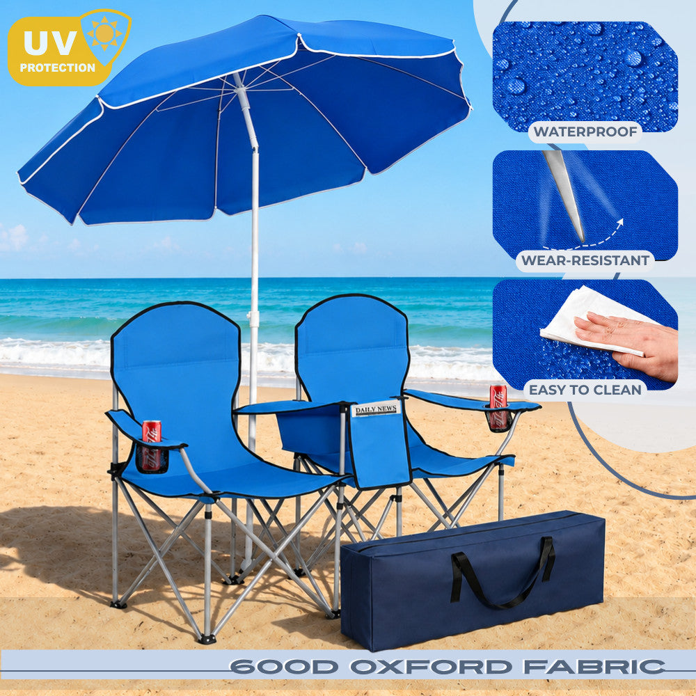 Portable 2-Person Folding Picnic Chair with Umbrella Cooler and Cup Holders
