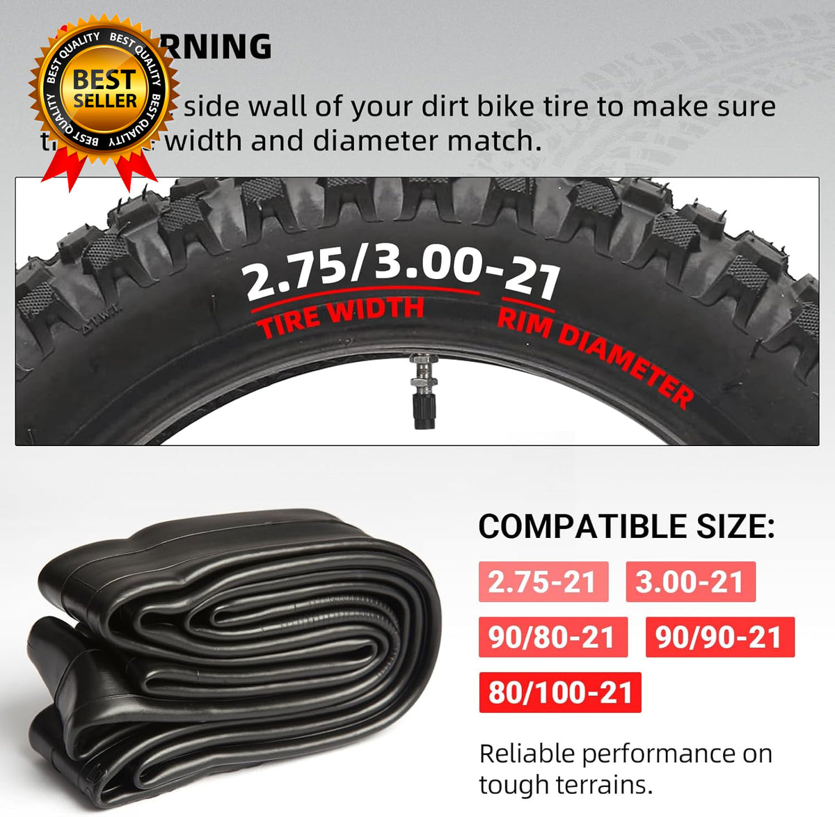 Heavy Duty 21-Inch Dirt Bike Inner Tube 90/90-21, 80/100-21 with TR4 Valve