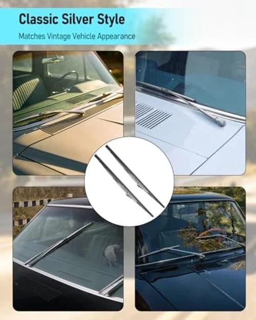 15 Inch Universal Windshield Wiper Blades Set - Silver Stainless Steel Frame, Dual Replacement