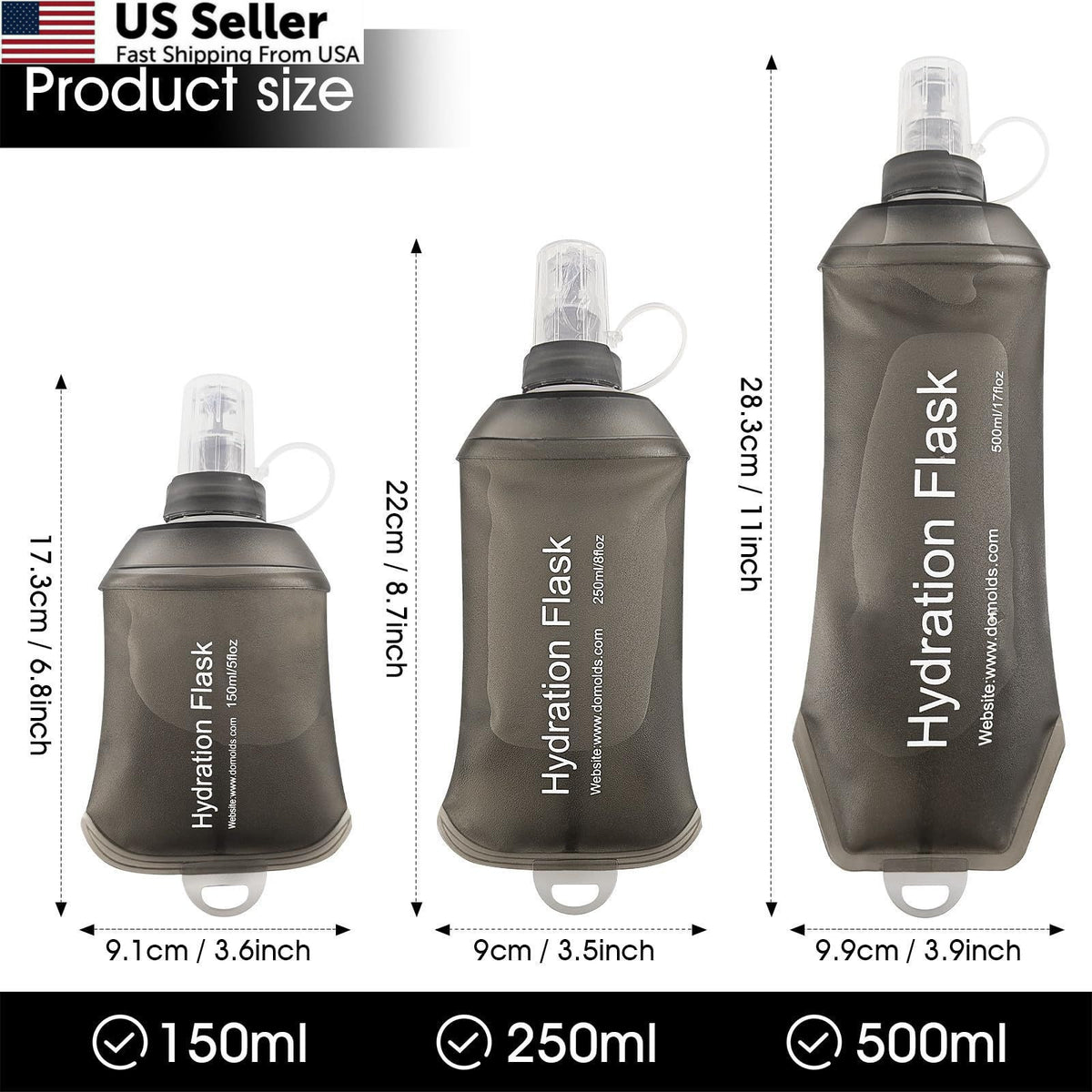 Collapsible Water Bottle 8.5oz Squeezable Soft Flask for Hiking & Running