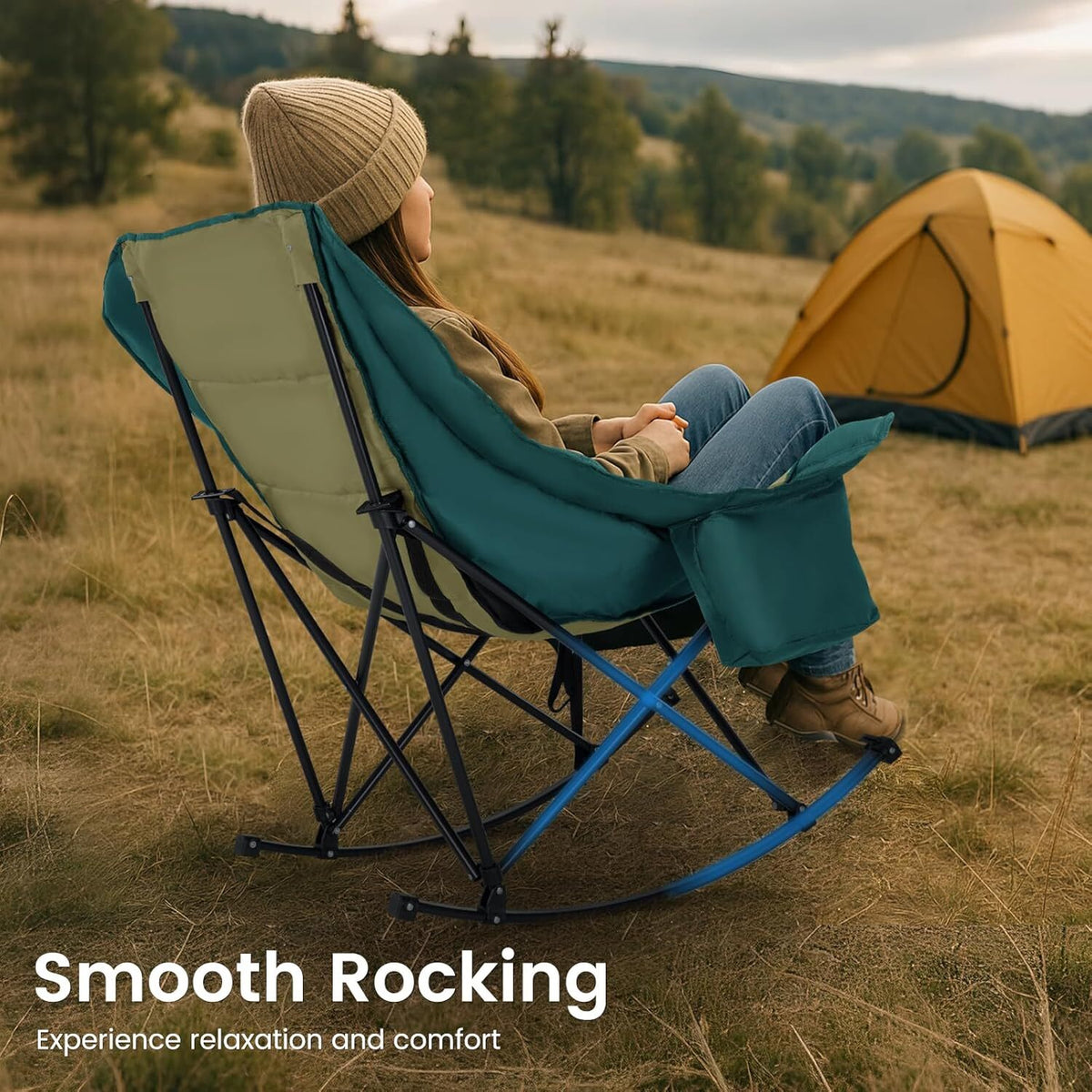 Oversized Folding Rocking Camping Chair with Cooler Bag and Side Pocket