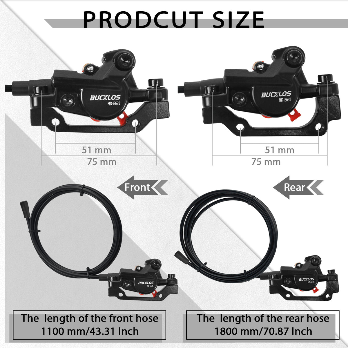 Hydraulic Brake Set 2 Pistons Front & Rear for E-Bike 1100mm & 1800mm Hoses