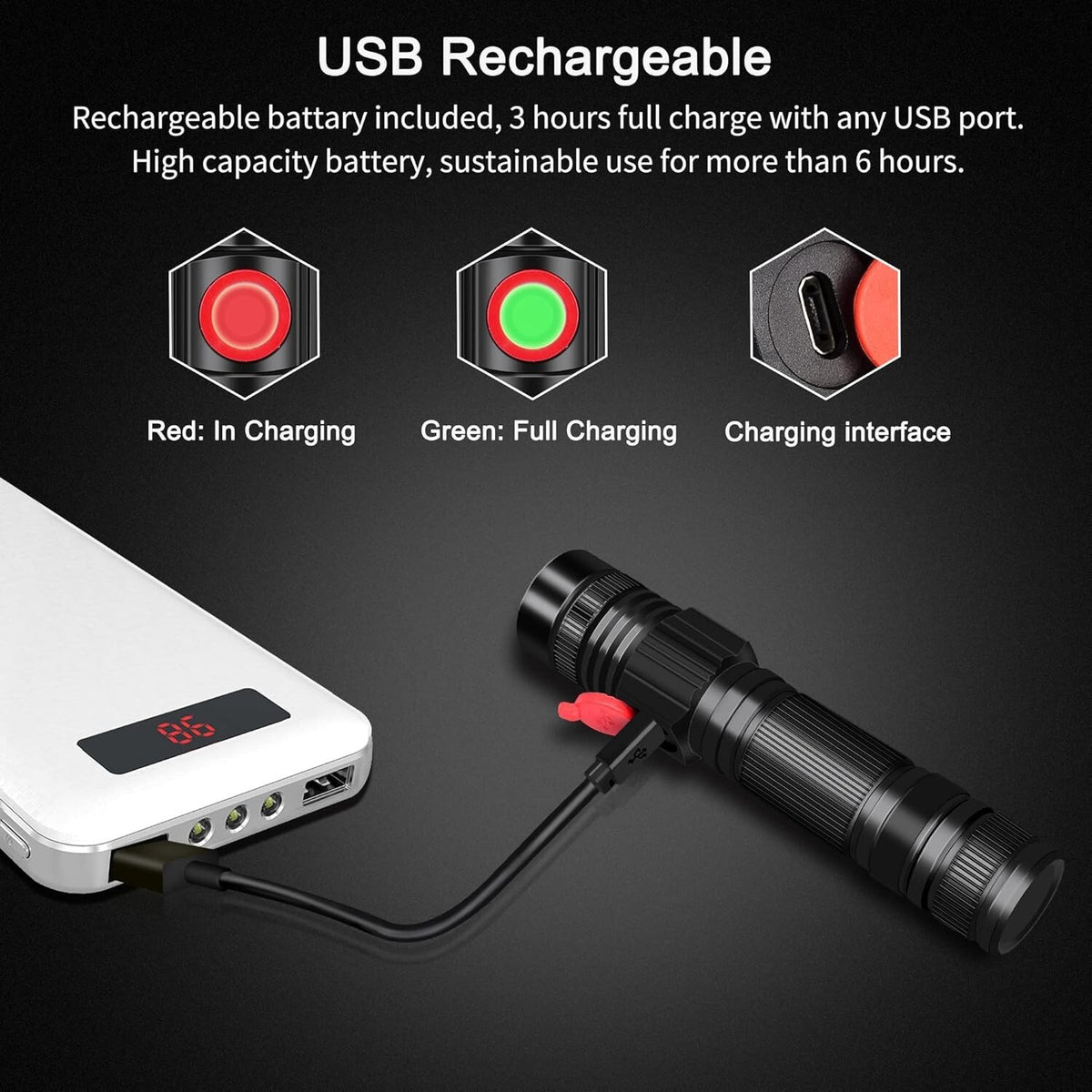 Rechargeable LED Tactical Flashlight 2000 Lumens Waterproof Work Light