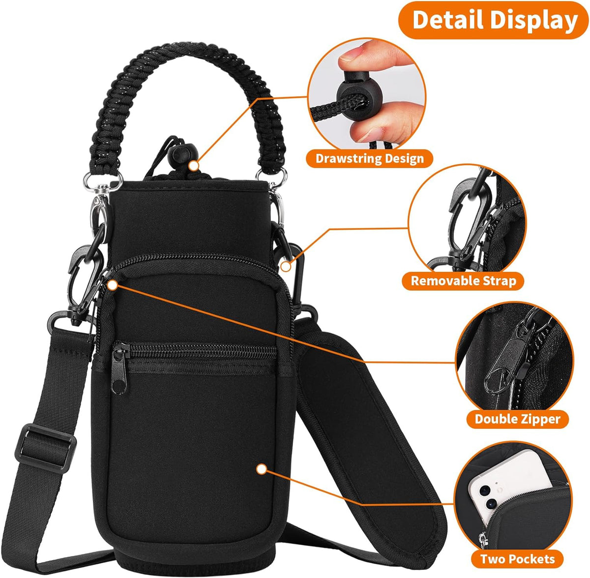 Insulated Water Bottle Carrier Bag 16-40 Oz Neoprene Sling with Pockets