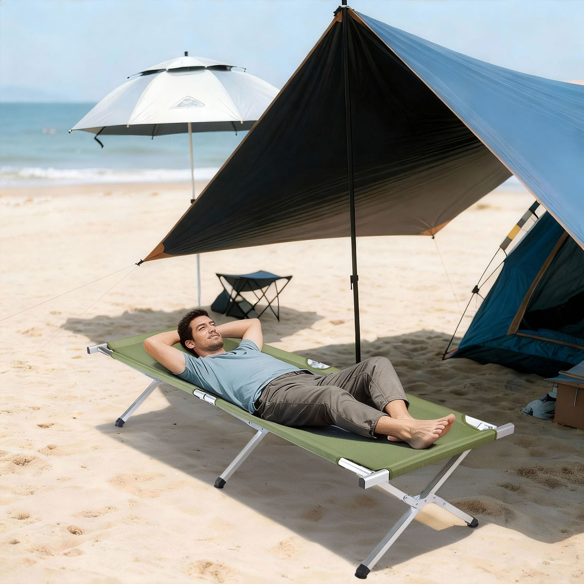 Extra Wide Camping Cot with Heavy Duty Steel X Frame - Portable Folding Bed