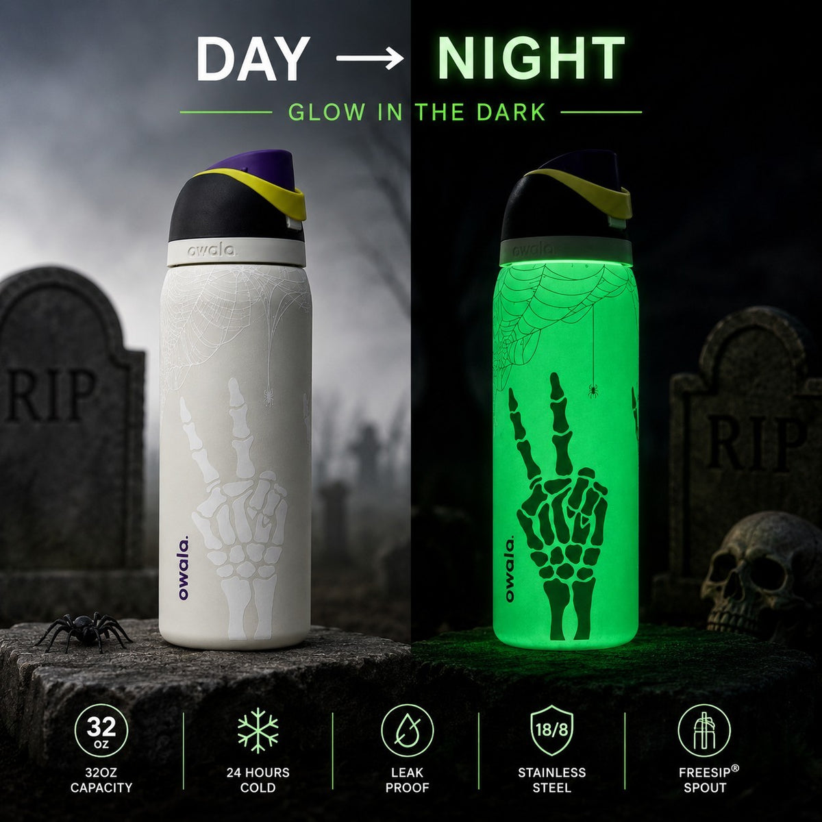 Glow in the Dark Skeleton Hand Water Bottle 32oz - Halloween Themed Hydration
