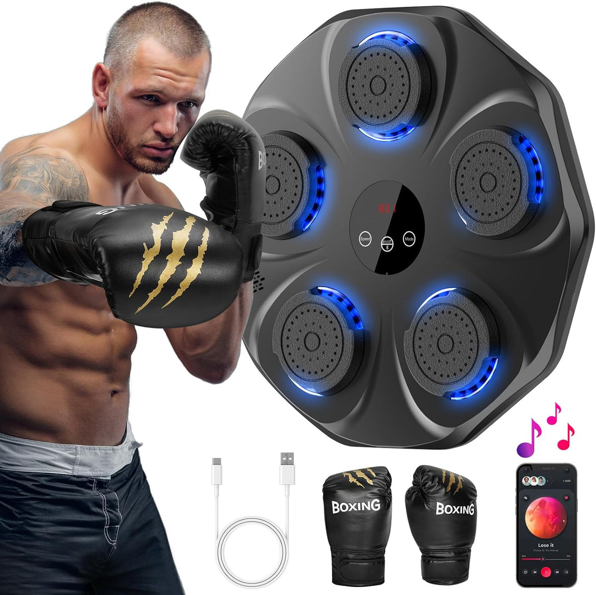 Music Boxing Machine with Boxing Gloves Wall Mount Bluetooth Trainer