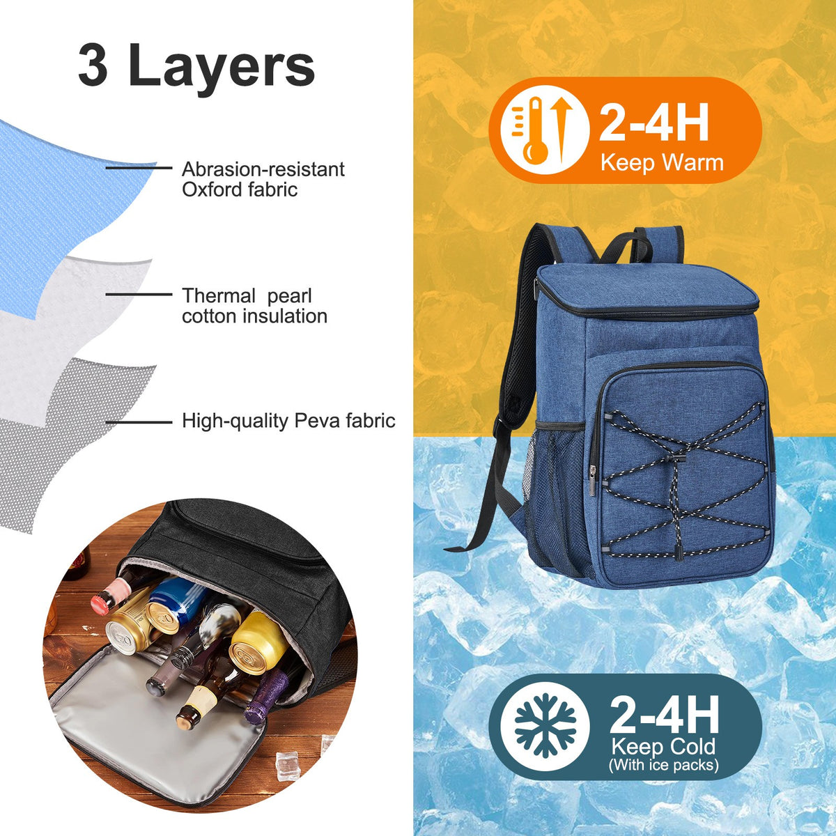 Insulated Cooler Backpack 23L Leakproof Lunch Bag for Camping & Outdoor