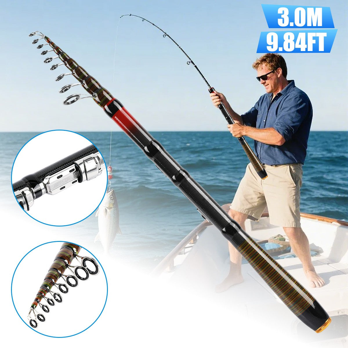 Carbon Fiber Telescopic Fishing Rod 10-30lb Saltwater Spinning Pole