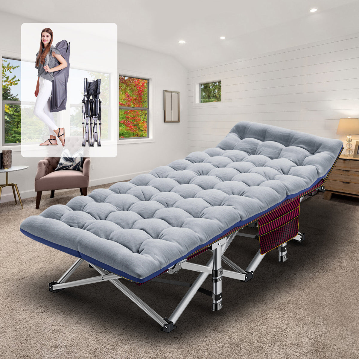 Heavy Duty Folding Camping Cot for Adults with Cotton Mat - Wide Sleep Bed