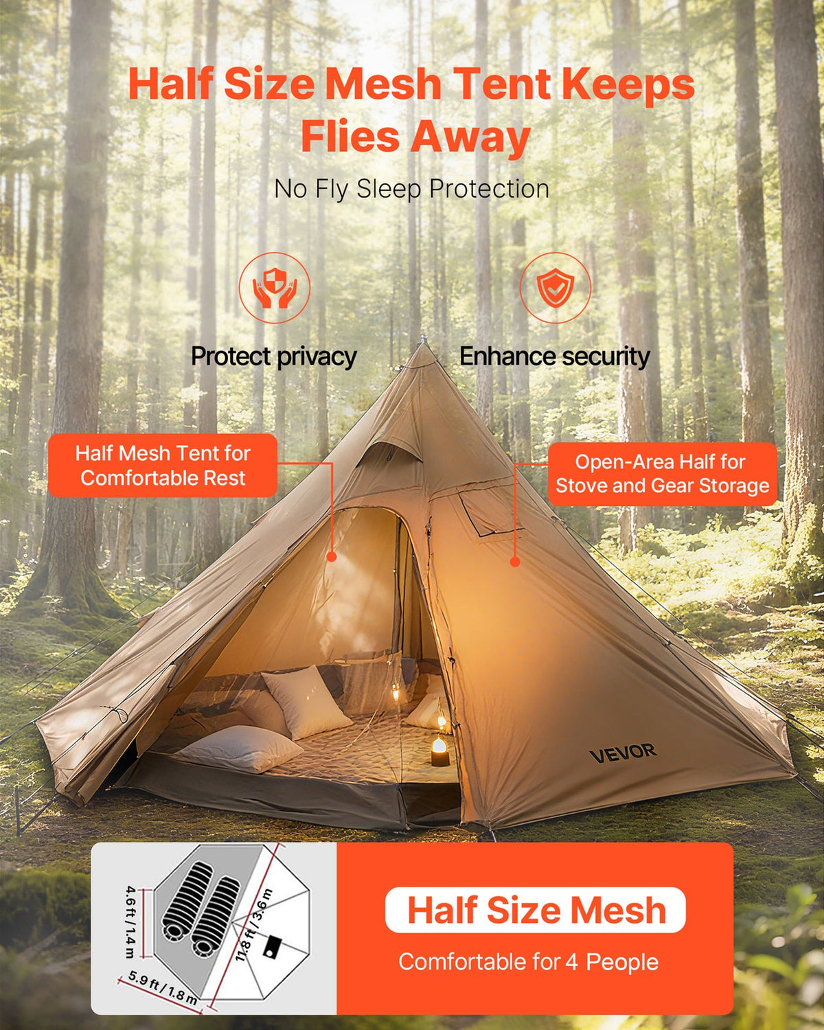 4 Person Camping Tipi Tent with Stove Jack - Lightweight Waterproof Shelter