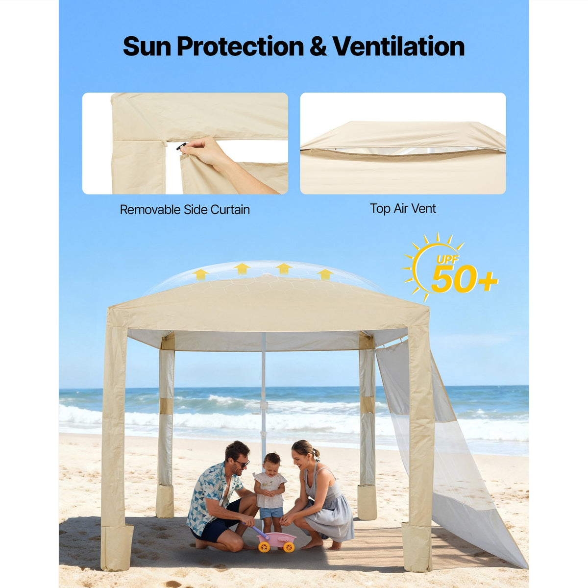 8x8 ft Beach Cabana Canopy with Side Wall and Carry Bag - UPF 50+ Sun Shelter
