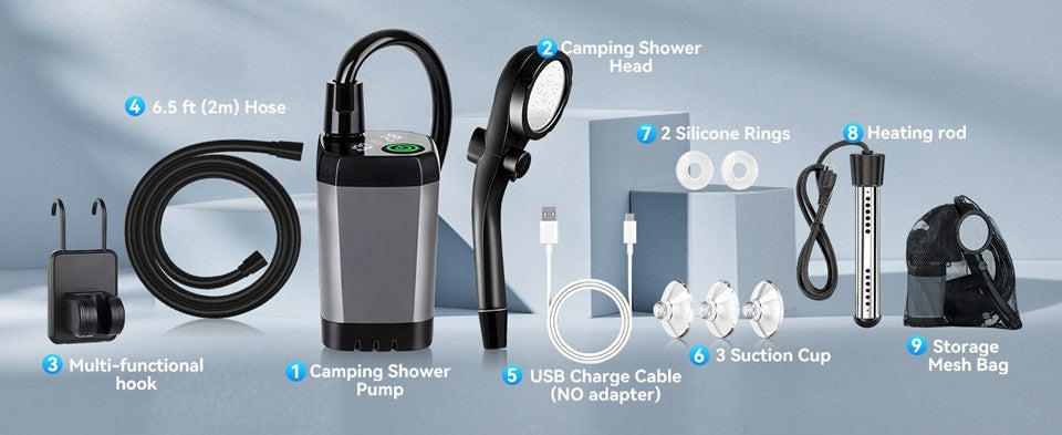 Portable Camping Shower with Water Heater and Rechargeable Pump - Outdoor Shower Set