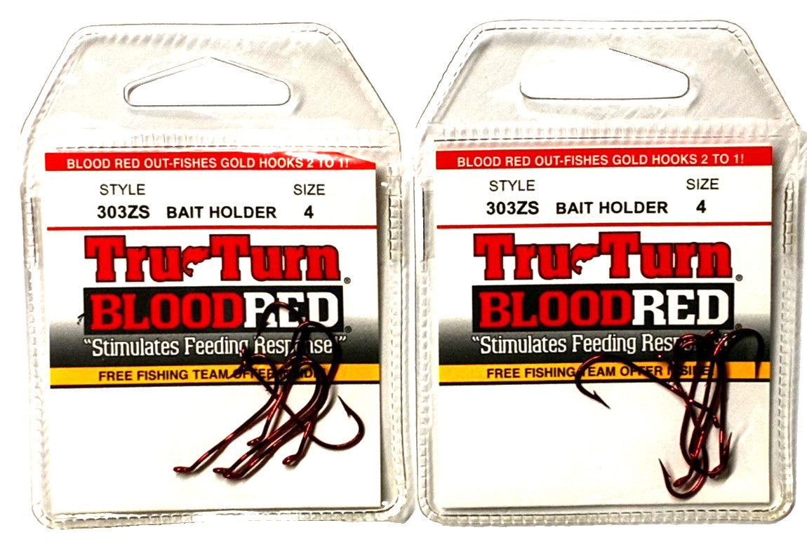 2 Packs Blood Red Size 4 Bait Holder Hooks - Fishing Accessories, 6 Count Each