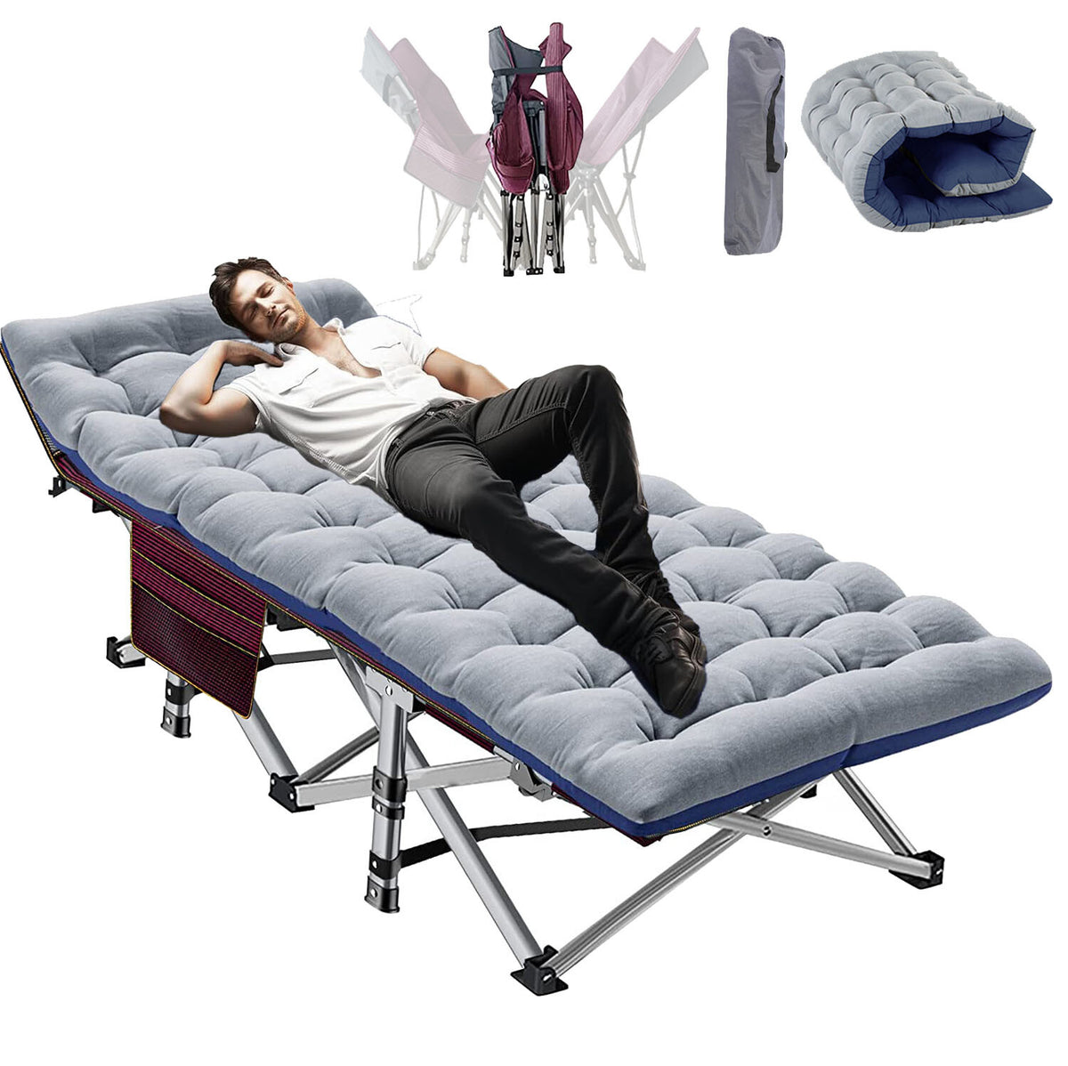Heavy Duty Folding Camping Cot with Mattress - Portable Wide Bed for Adults