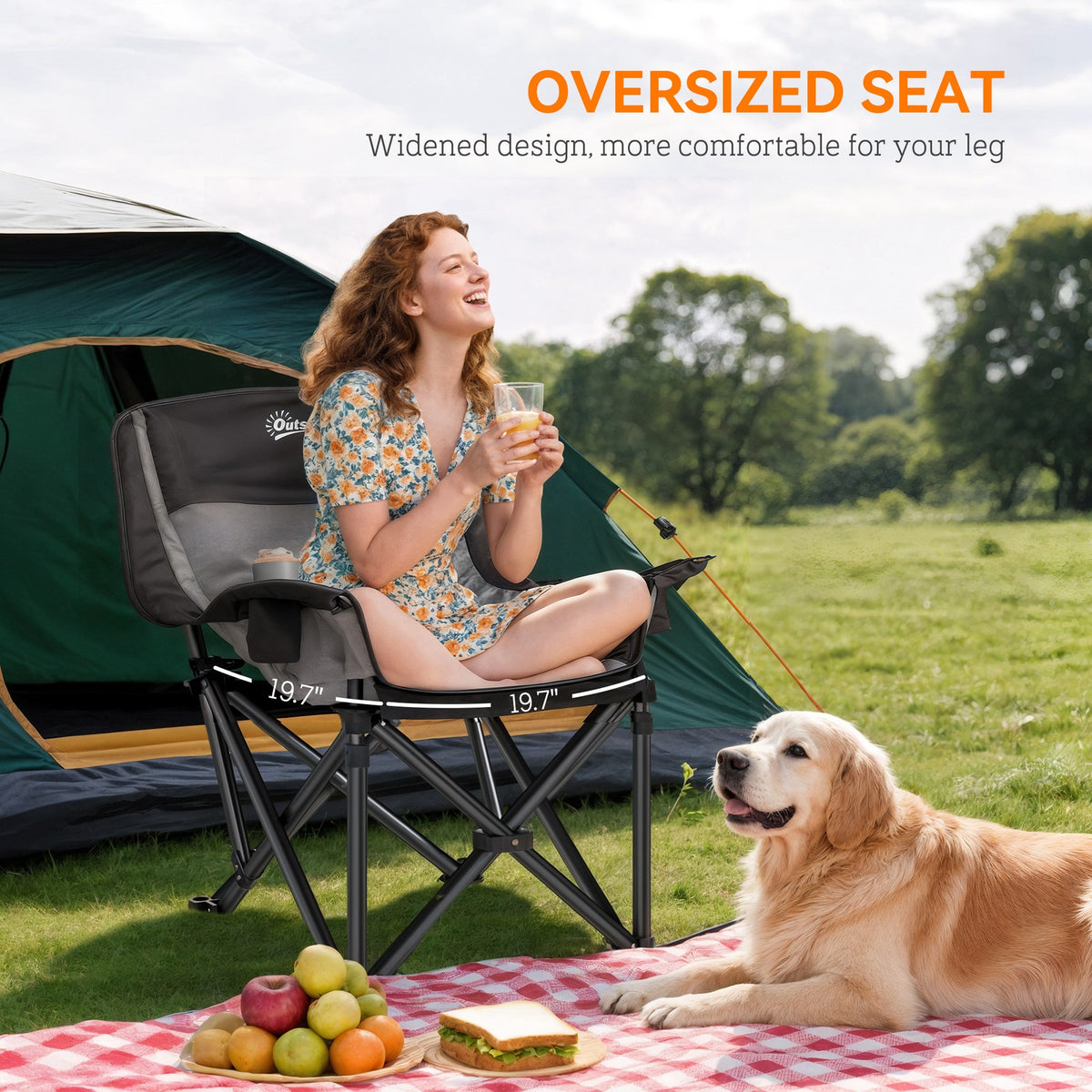 Portable Folding Camping Chair with High-Density Padding, Cup Holders and Side Pockets, Black and Gray