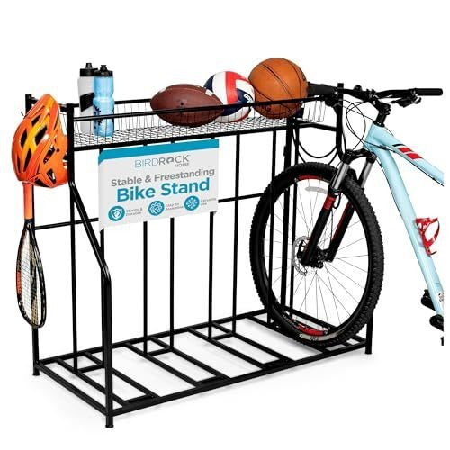 4-Bike Garage Storage Stand with Gear Basket and Hooks