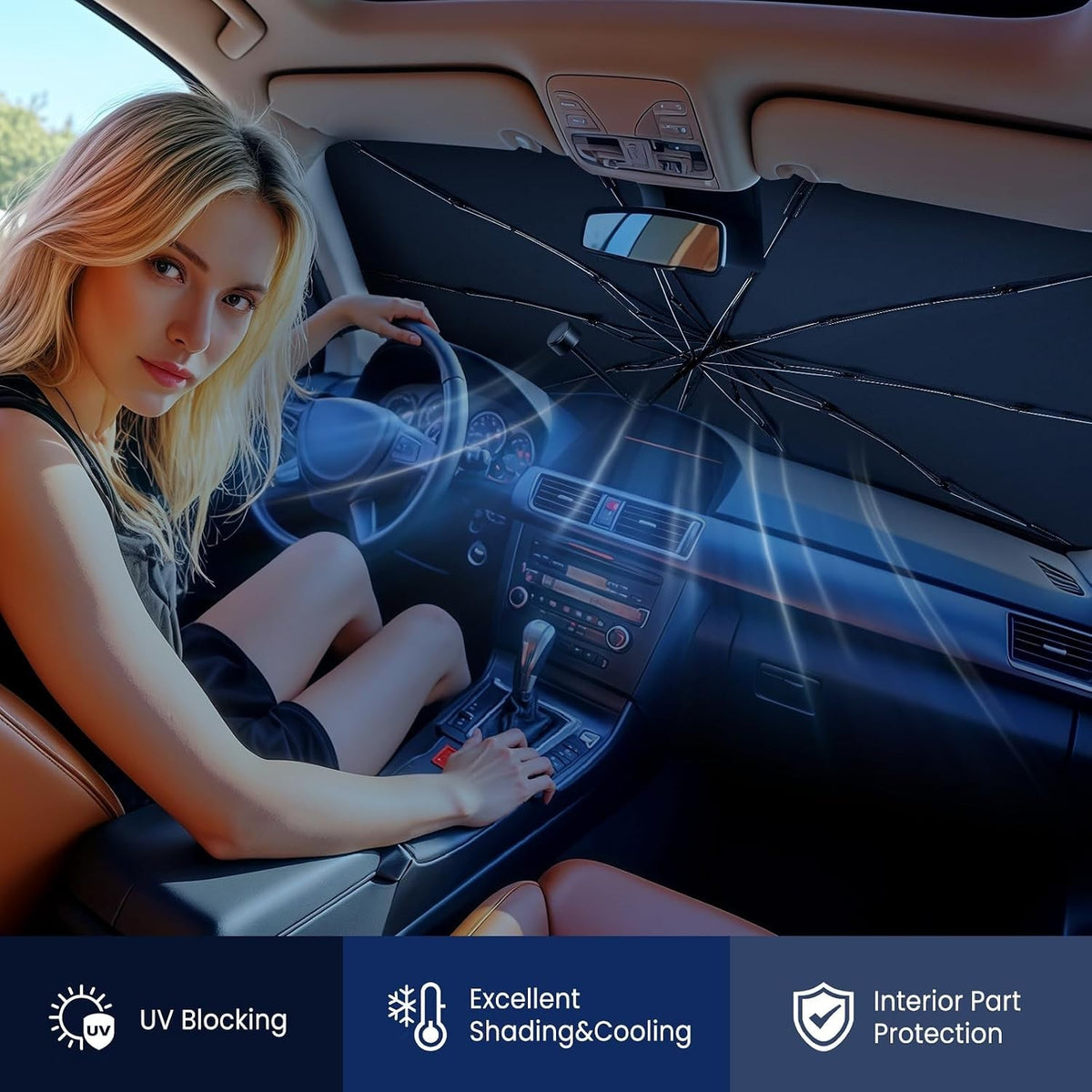 Foldable Car Windshield Sun Shade Umbrella for Front Windows - Large UV Blocker