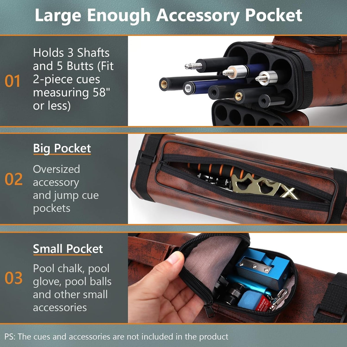 3-Butt 5-Shaft Billiard Cue Case – Hard Leatherette, Water-Resistant, T‑Shaped Divider