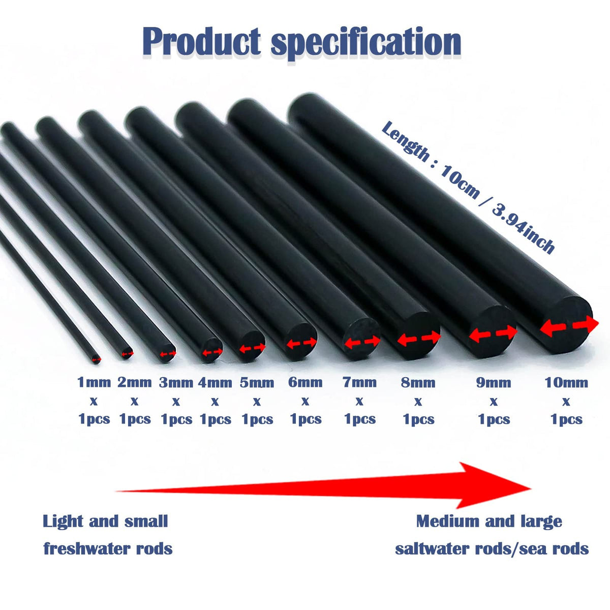 Fishing Rod Repair Kit 10Pcs Carbon Fiber Blanks for Rod Building & Repair