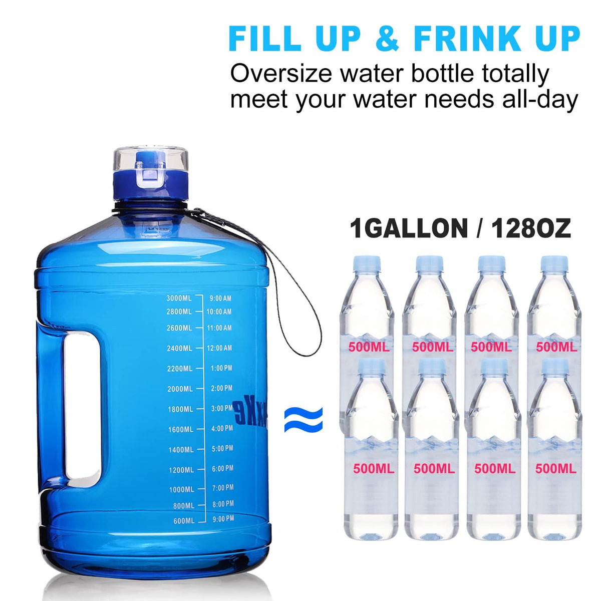 1 Gallon Water Bottle with Time Markers - Leak-Proof BPA Free Hydration Jug