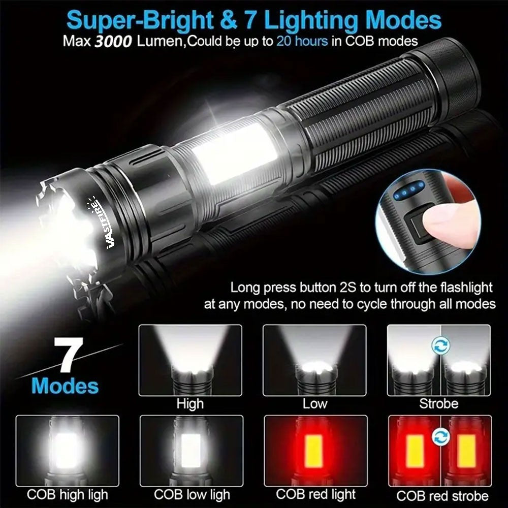 Rechargeable 20W LED Torch with Zoomable COB Light - USB Powered