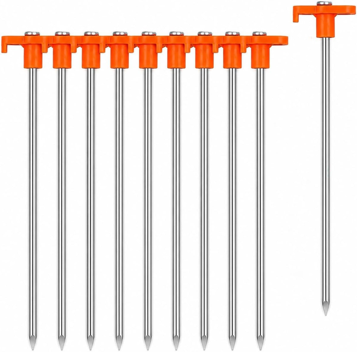 Heavy Duty Galvanized Steel Tent Stakes - Rust Resistant, 7.1 Inch, Bright Orange T-Head, Pack of 10 or 20