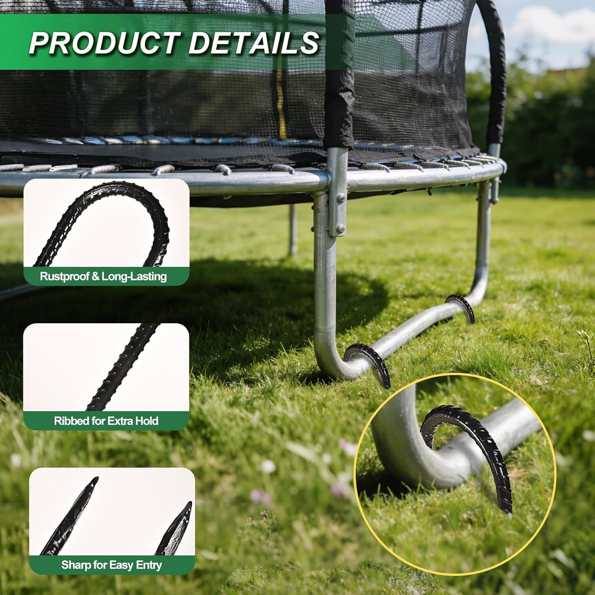 Heavy Duty Trampoline Wind Stakes - Galvanized Steel Anchors, 12 Inch U-Hook, 8 Pack