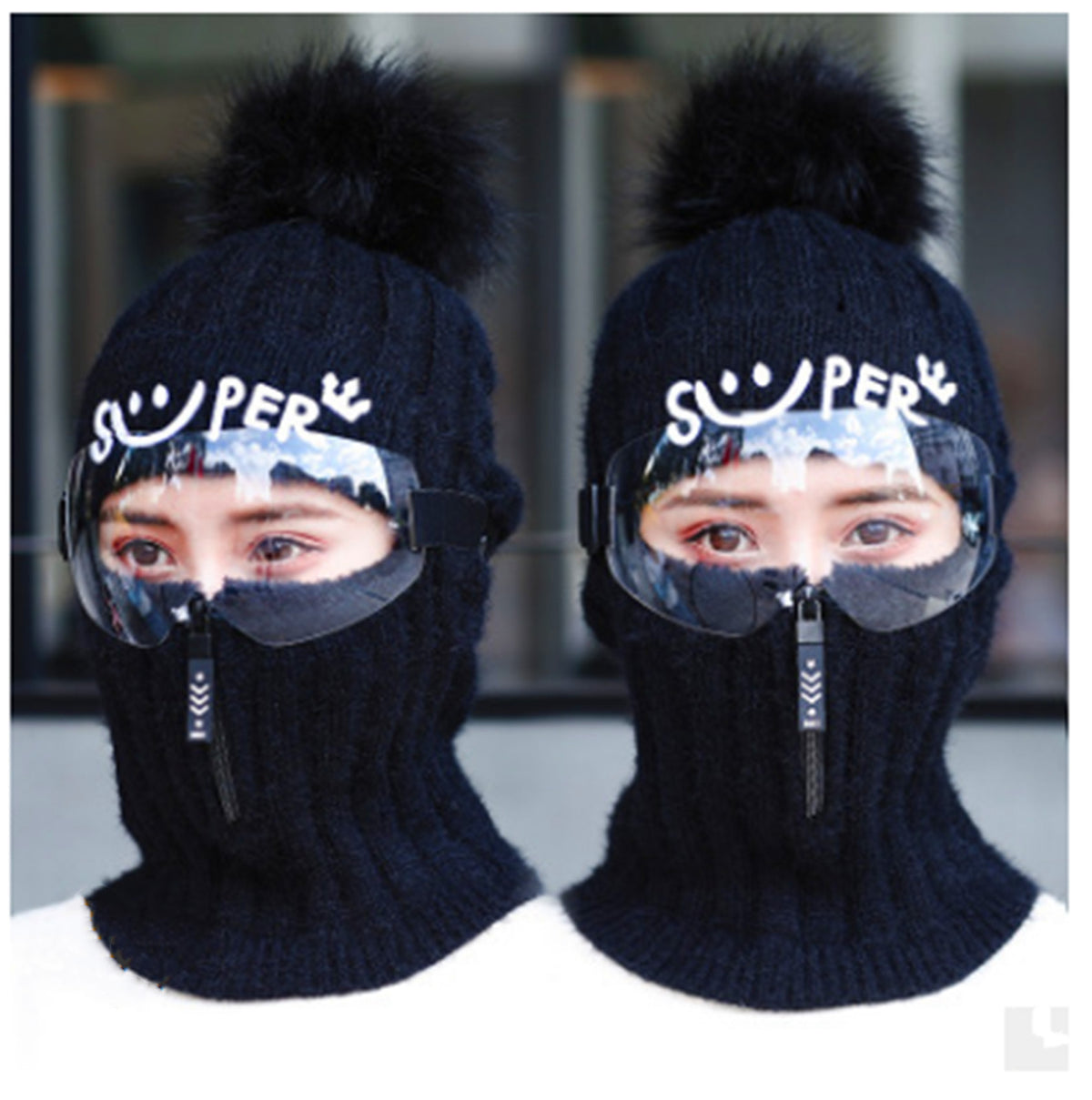 Double-Layer Fleece Winter Hat Beanie with Face and Neck Cover - Multiple Colors