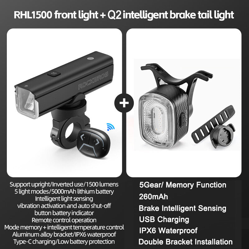 High Brightness Bike Front & Rear Light Set USB-C LED Headlight 1500LM