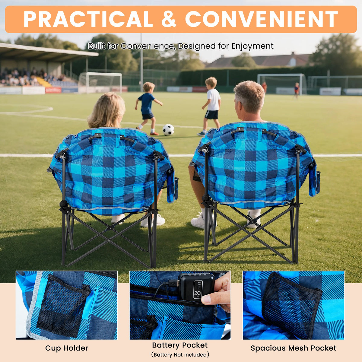 Oversized Heated Camping Chair with 3 Heat Levels - Foldable Outdoor Lounge Seat Support 500 lbs