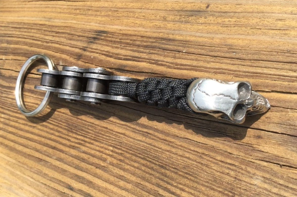 Black Paracord Motorcycle Key Chain with Pewter Skull - Harley Style