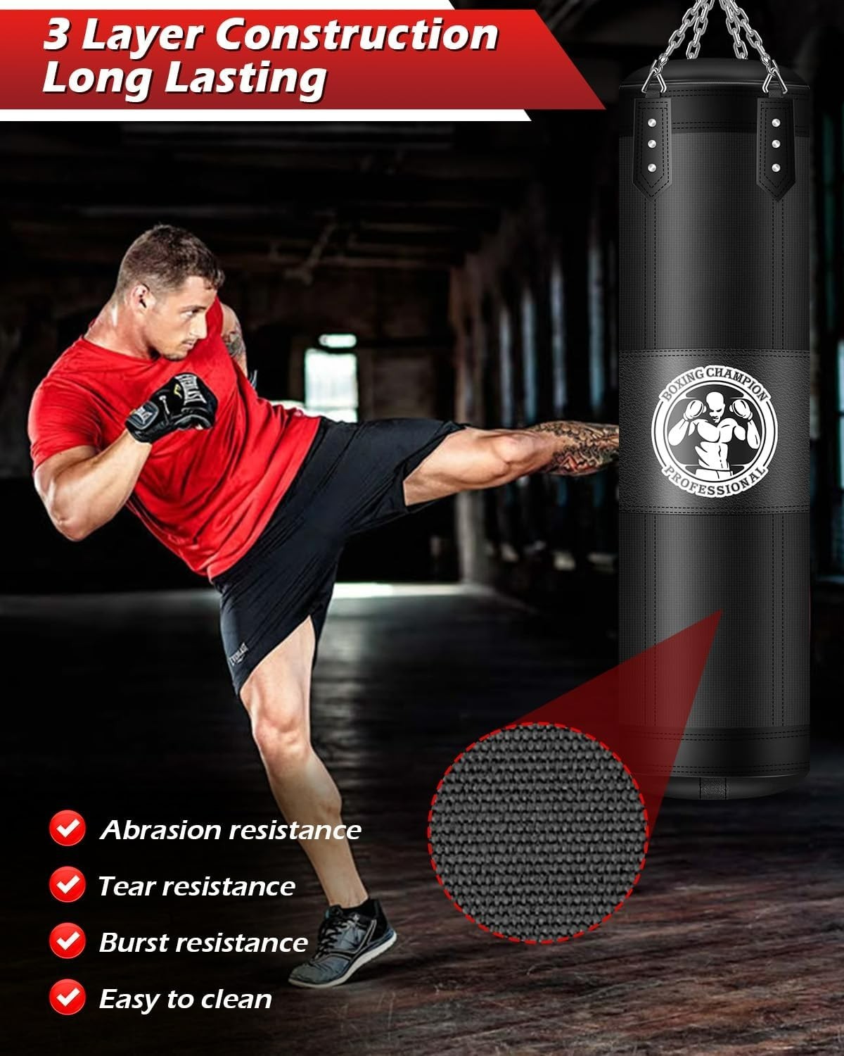 Heavy-Duty 4FT Boxing Bag with Steel Swivel & Hanger - Unfilled Training Set