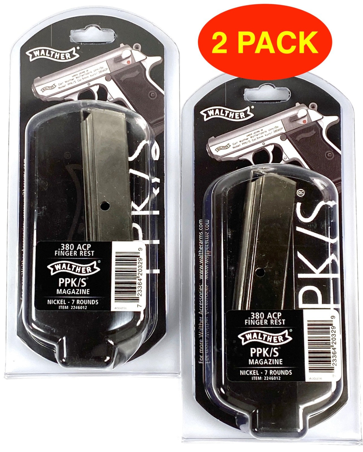 Walther PPK/S .380 ACP Nickel Magazine 7 Rounds with Finger Rest - 2 Pack