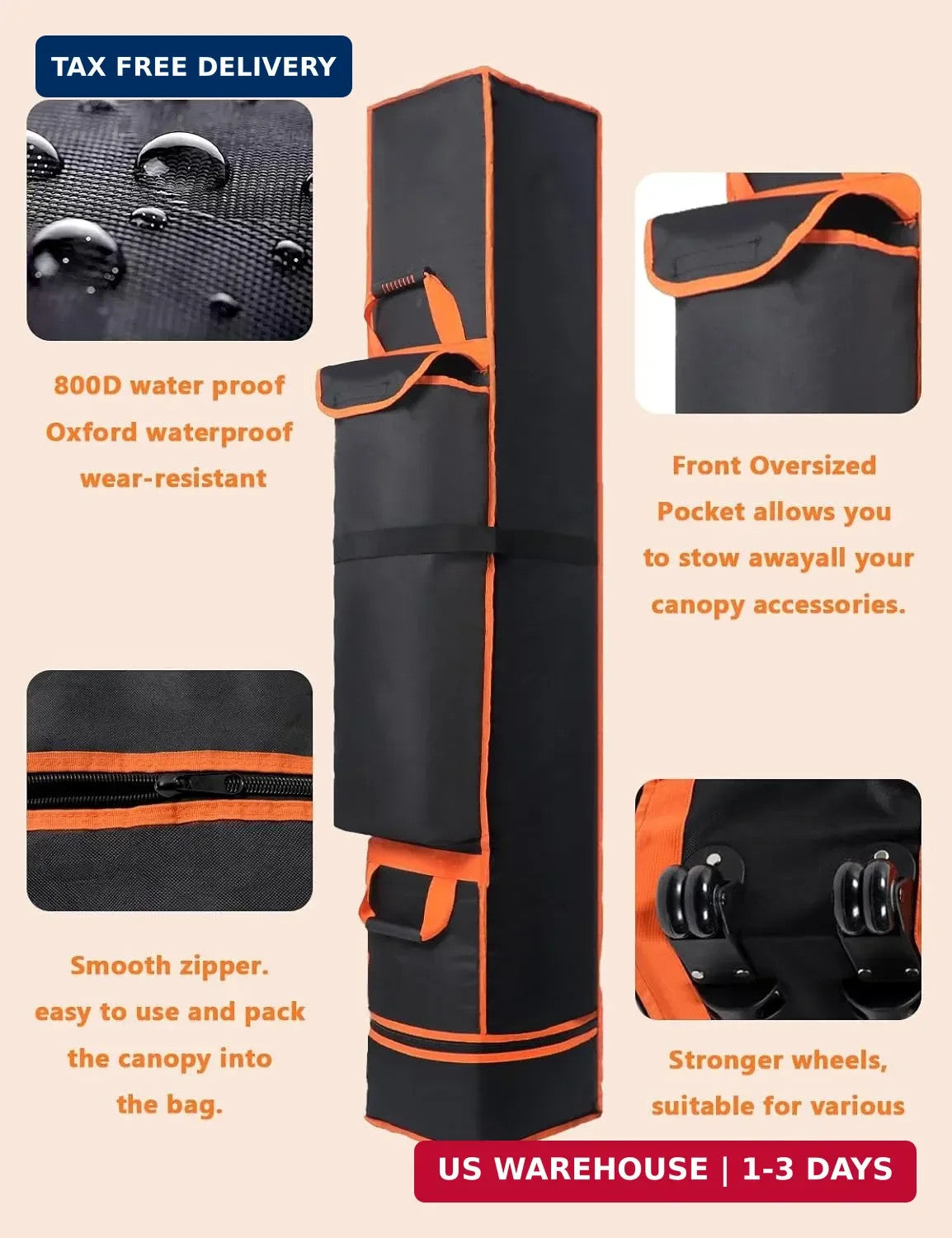 Large Heavy Duty Canopy Storage Bag with Wheels - Waterproof 63X10X10in