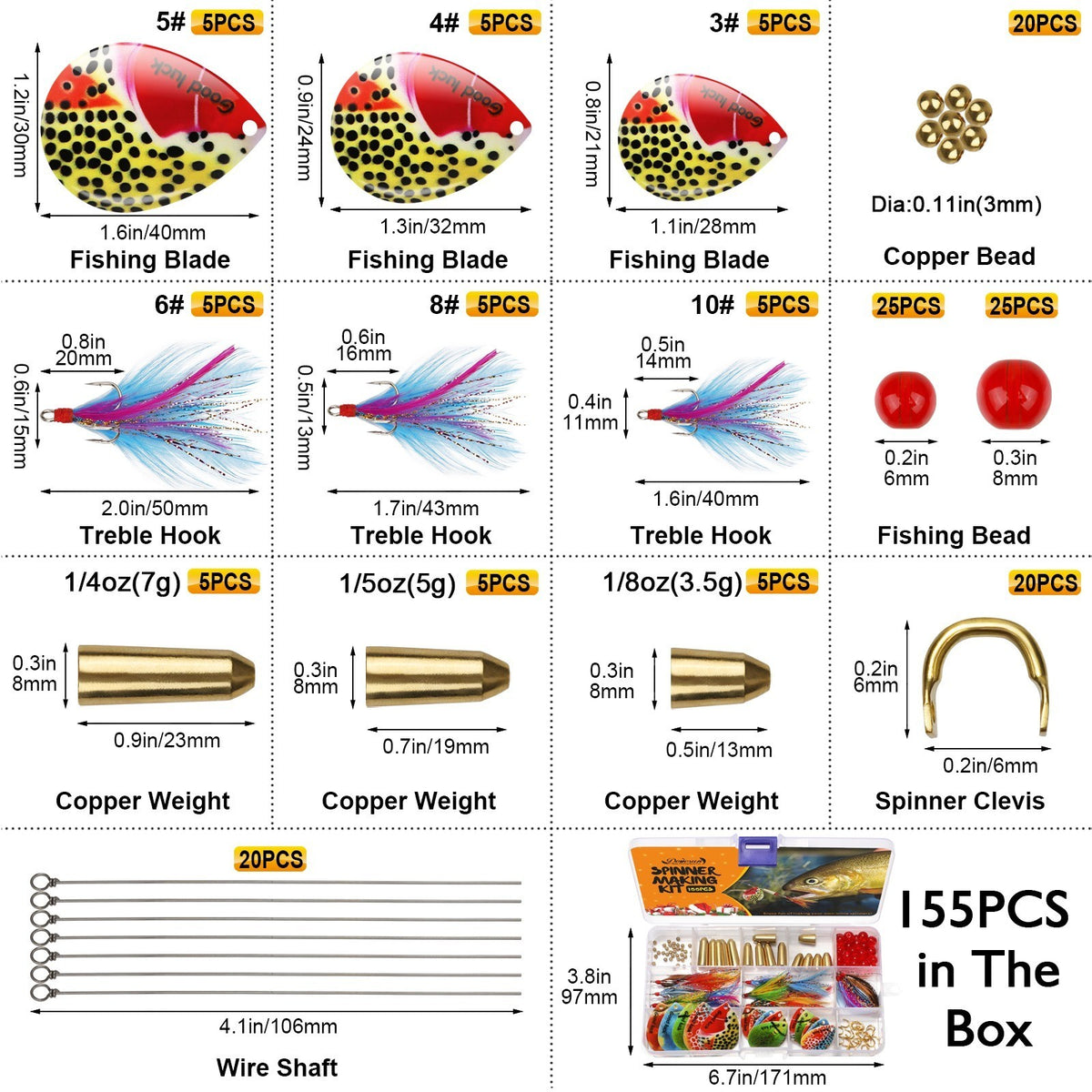 155PCS Inline Spinner Making Kit for Fishing Lures - Bass Trout Pike