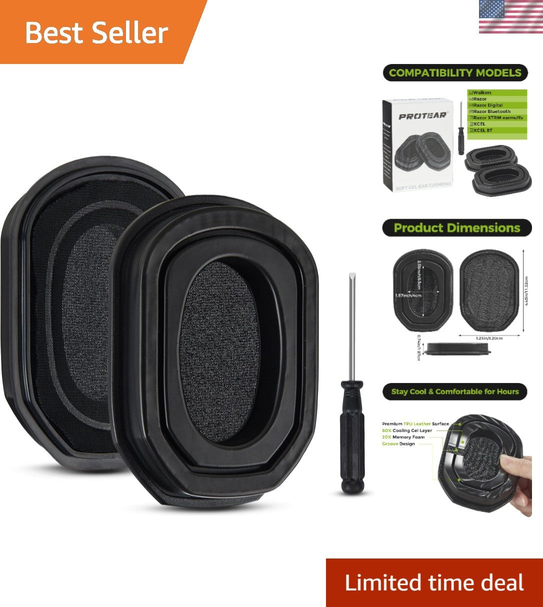 Silicone Cooling Gel Ear Pads for Walker's Razor & Safety Earmuffs - Noise Reduction & Comfort
