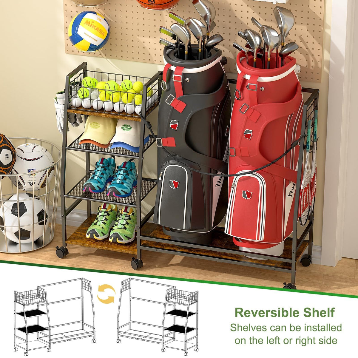 Golf Bag Storage Rack with Wheels - Organizer for Golf Equipment & Accessories