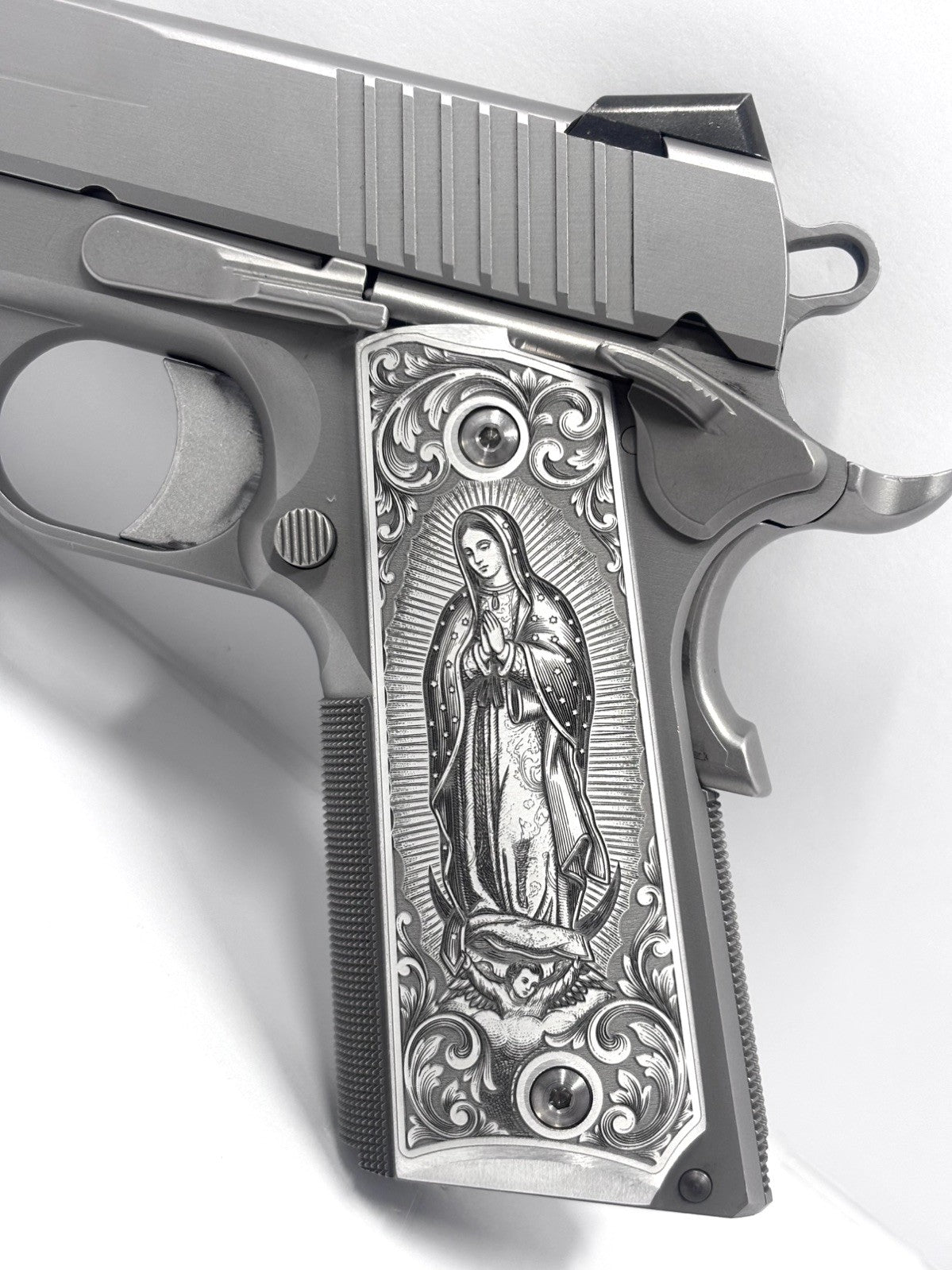 Full Size 1911 Aluminum Grips with Virgen De Guadalupe Engraving - Custom Firearm Accessory