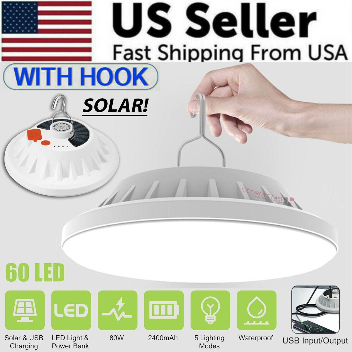 Rechargeable LED Camping Lantern with Solar & USB Power Bank