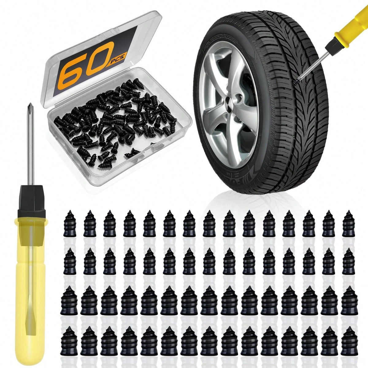 Tire Repair Kit with Rubber Nails and Screwdriver - 60/120 Pieces, Dual Sizes