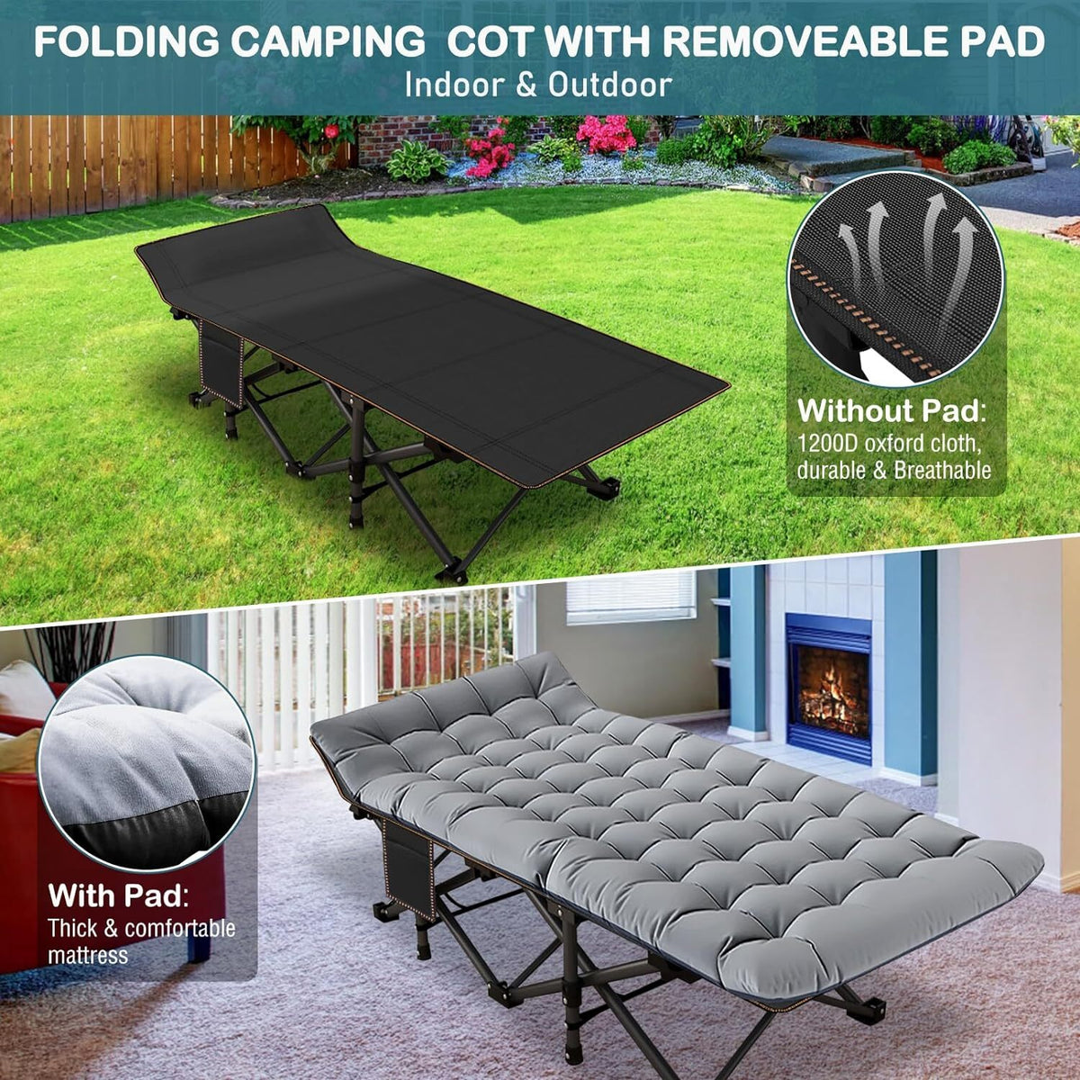 XXL Camping Cot with Mattress - Heavy Duty Portable Bed for Adults