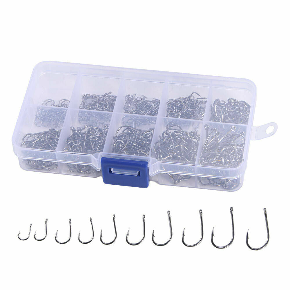 1000PCS Fishing Hooks Set - 10 Sizes Barbed Saltwater & Freshwater Tackle Kit with Storage Box