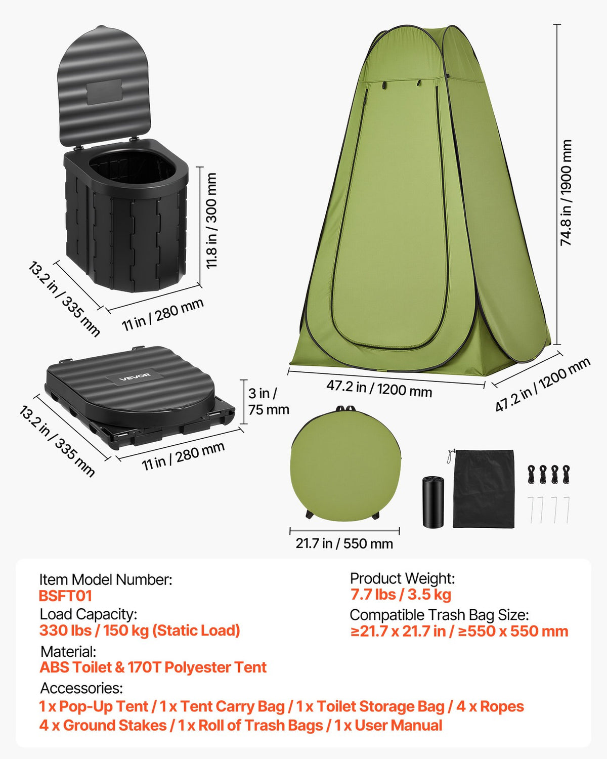 Portable Camping Toilet with Pop-Up Privacy Tent Foldable Outdoor Potty Kit