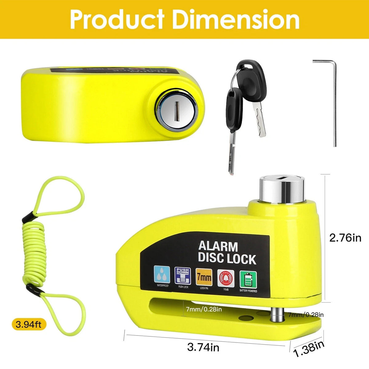 Waterproof Motorcycle Disc Brake Lock with Alarm and Reminder Cable