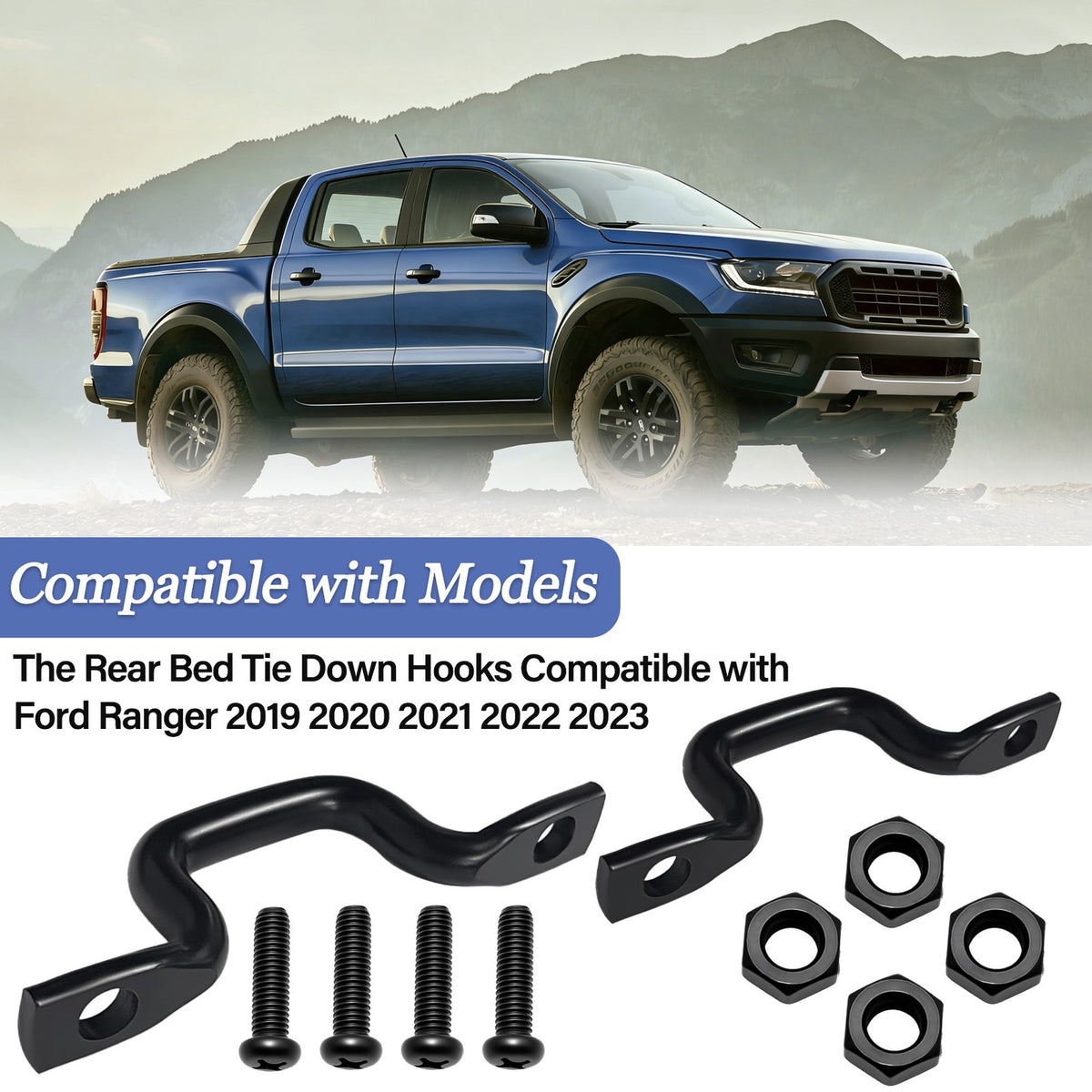 2PCS Rear Bed Tie Down Rope Hooks for Ford Ranger 2019-2023 - Steel Bolt-On