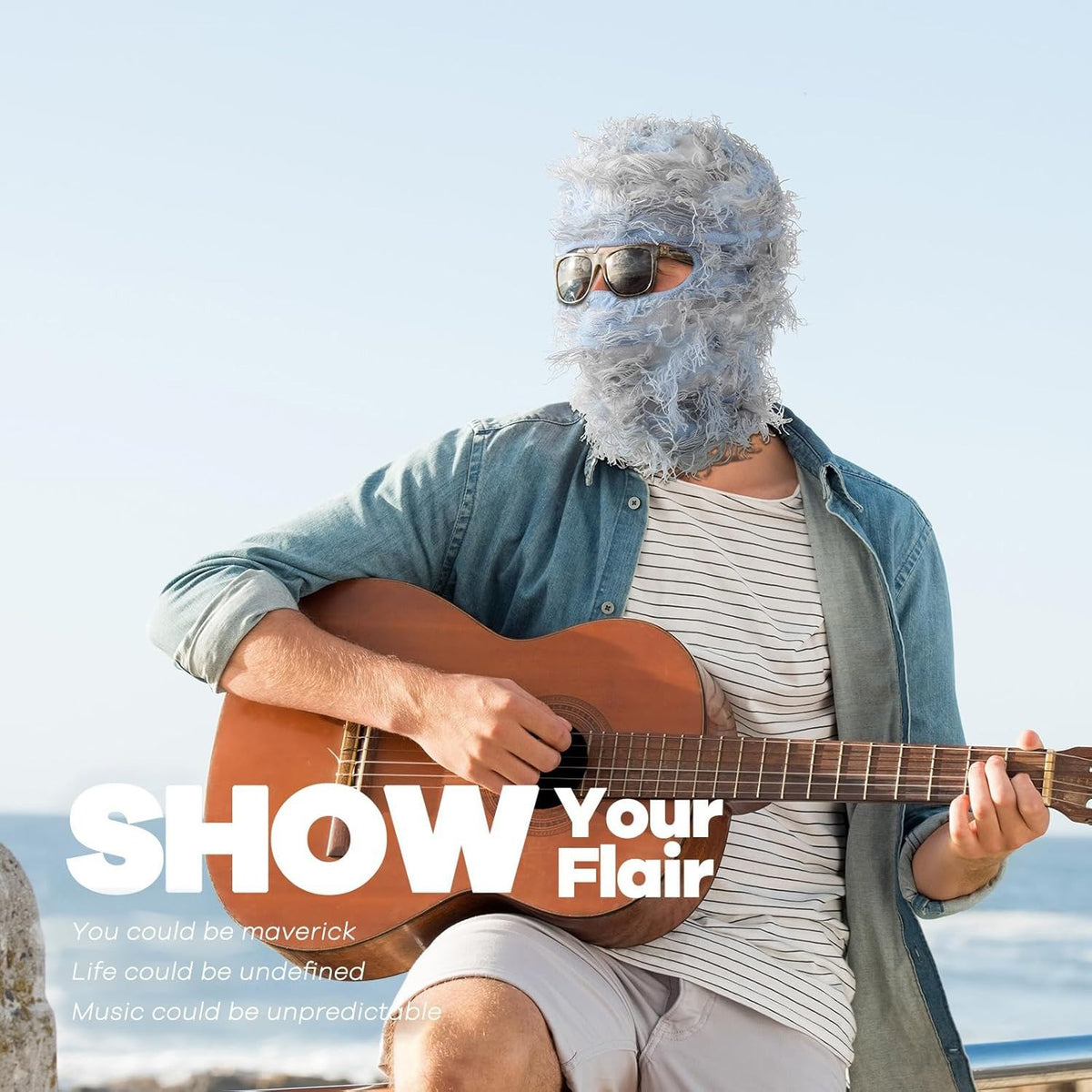 Distressed Knit Ski Face Mask - Windproof Winter Balaclava for Men Women