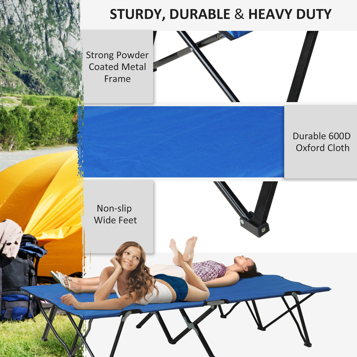Two-Person Folding Camping Cot with Carry Bag Blue - Support Up to 300 lbs
