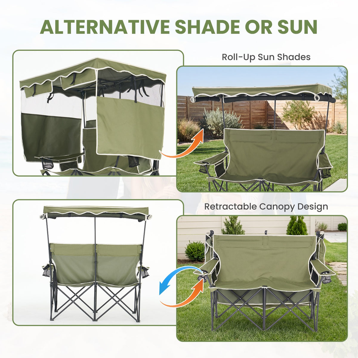 Double Camping Chair with Canopy Shade - Portable Outdoor Folding Seat for Beach & Picnic