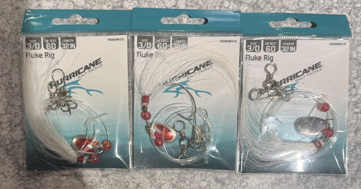 3 Pack Fishing Fluke Rigs with Spinners and Bucktails - 3/0 White